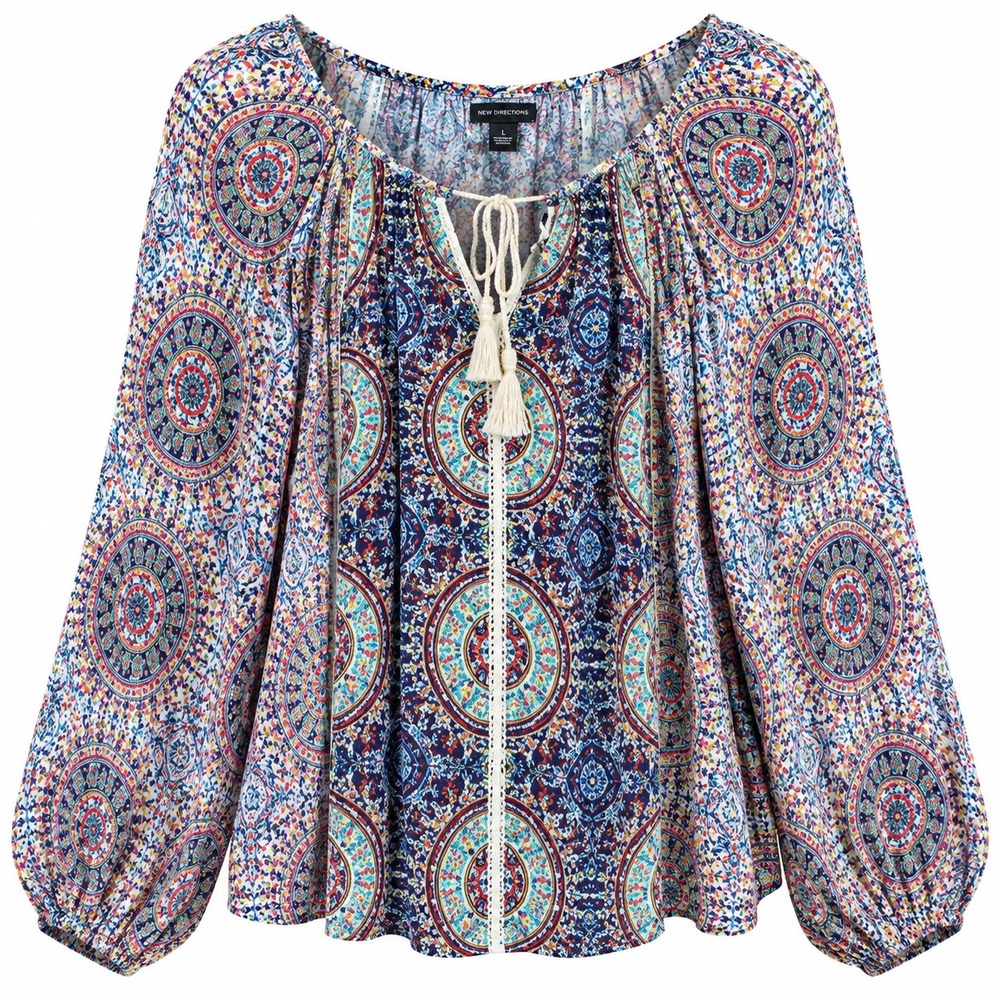 New Directions Womens Blouse L Rayon Blue Red Medallion Boho Tassel Peasant